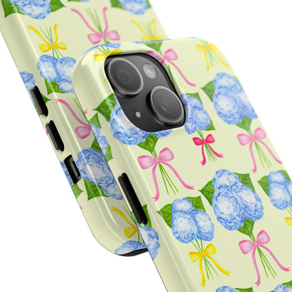 Blue Hydrangeas with Hot Pink, Yellow, Light Pink Bows Watercolor Illustrated Patterned Light Yellow Tough Phone Case | Various Models