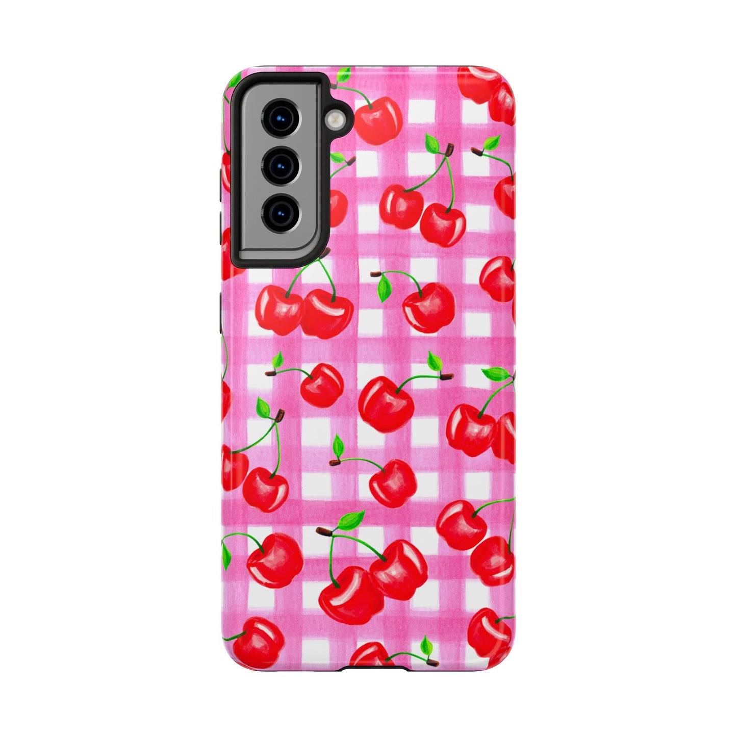 Tossed Red Watercolor Cherries Illustrated Pattern Light Pink Gingham Tough Phone Case | Various Models