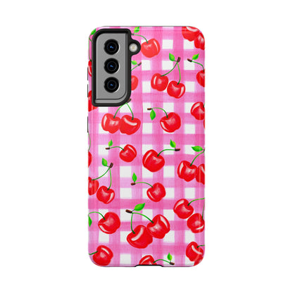 Tossed Red Watercolor Cherries Illustrated Pattern Light Pink Gingham Tough Phone Case | Various Models