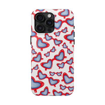 Red, White, & Blue Heart Shaped Watercolor Sunglasses Tossed Pattern Tough Phone Cases iPhone 15 Pro Max