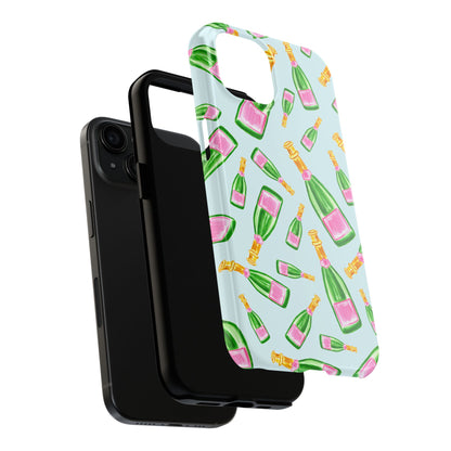 Tossed Pink and Green Watercolor Illustrated Champagne Bottles Pattern Light Blue Tough Phone Case | Various Models