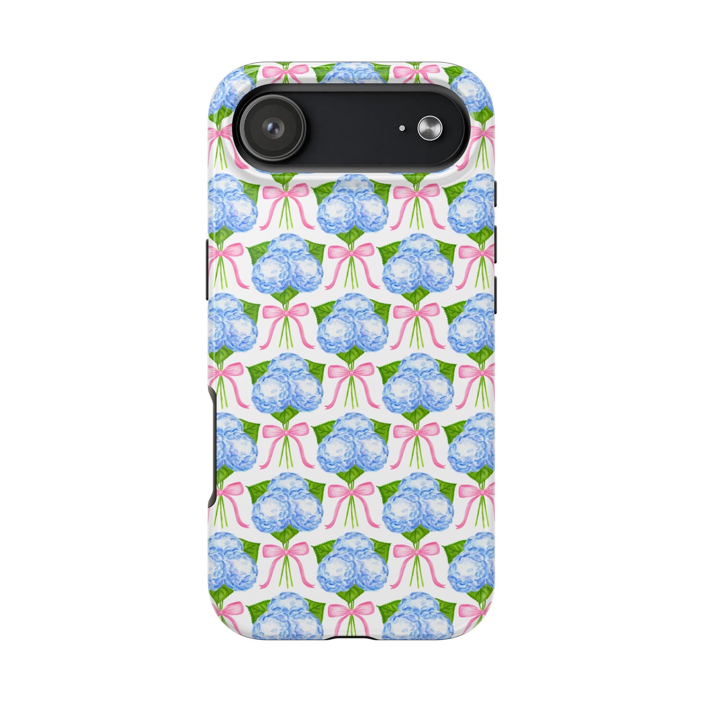 Blue Watercolor Hydrangea Bouqets with Light Pink Bows Watercolor Illustrated Patterned Tough Phone Case | Various Models