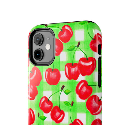 Red Tossed Cherries Green Gingham Watercolor Illustrated Tough Phone Case | Various Models Available
