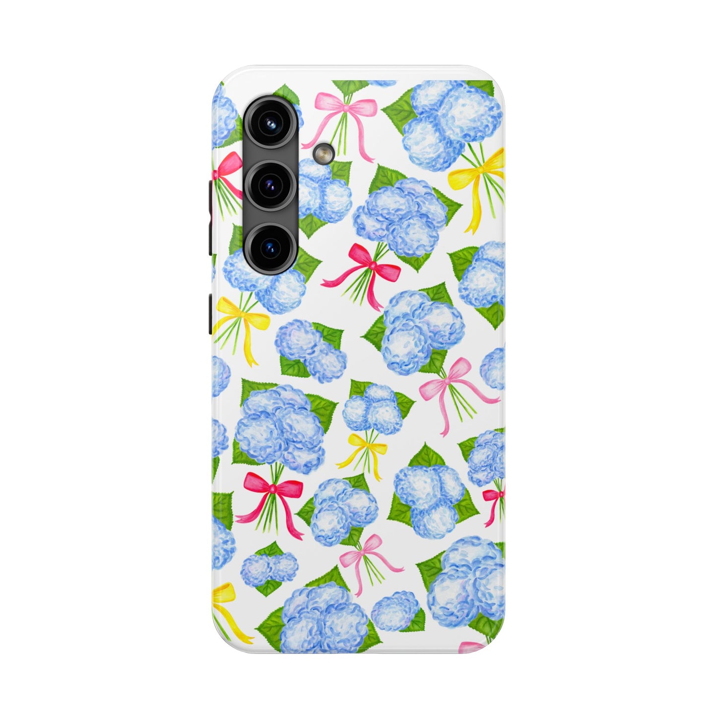 Blue Watercolor Hydrangea Bunches with Hot Pink, Yellow, Light Pink Bows Illustrated Patterned Tough Phone Case | Various Models