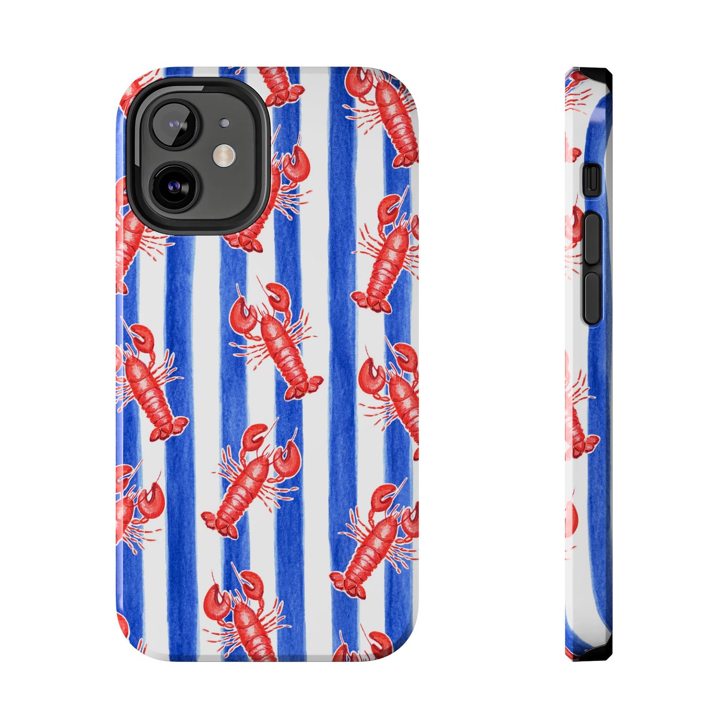 Blue & White Strip Red Lobster Watercolor Patterned Phone Case | Various Models iPhone 12 Mini