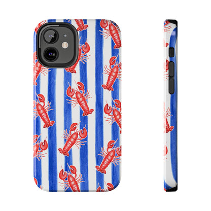 Blue & White Strip Red Lobster Watercolor Patterned Phone Case | Various Models iPhone 12 Mini