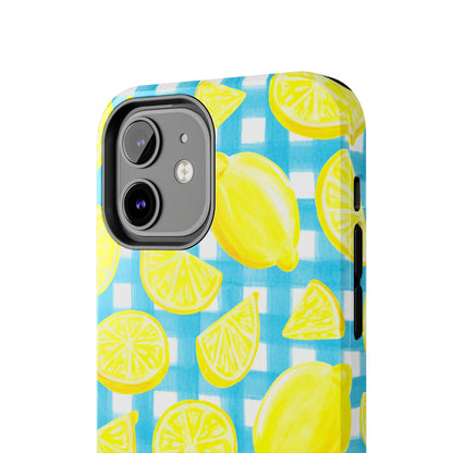 Bright Yellow Lemons Watercolor Illustrated Tossed Pattern Turquoise Gingham Tough Phone Case | Various Models