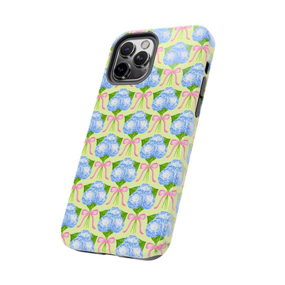 Blue Watercolor Hydrangea Bouquets with Light Pink Bows Watercolor Illustrated Patterned Yellow Tough Phone Case | Various Models