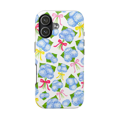 Blue Watercolor Hydrangea Bunches with Hot Pink, Yellow, Light Pink Bows Illustrated Patterned Tough Phone Case | Various Models