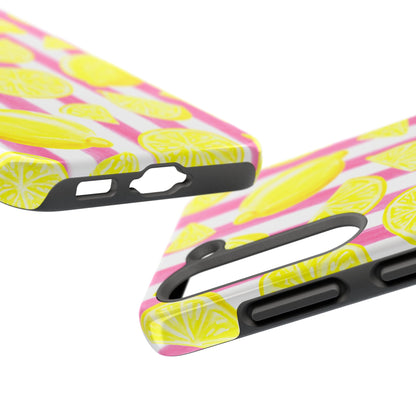 Pink Lemonade Yellow Lemons with Pink & White Watercolor Stripes Tough Phone Case