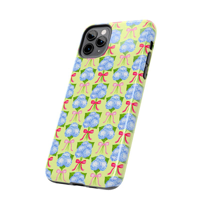 Watercolor Blue Hydrangea Bouquets with Hot Pink and Light Pink Bow Ribbons Illustrated Pattern Yellow Tough Phone Case | Various Models