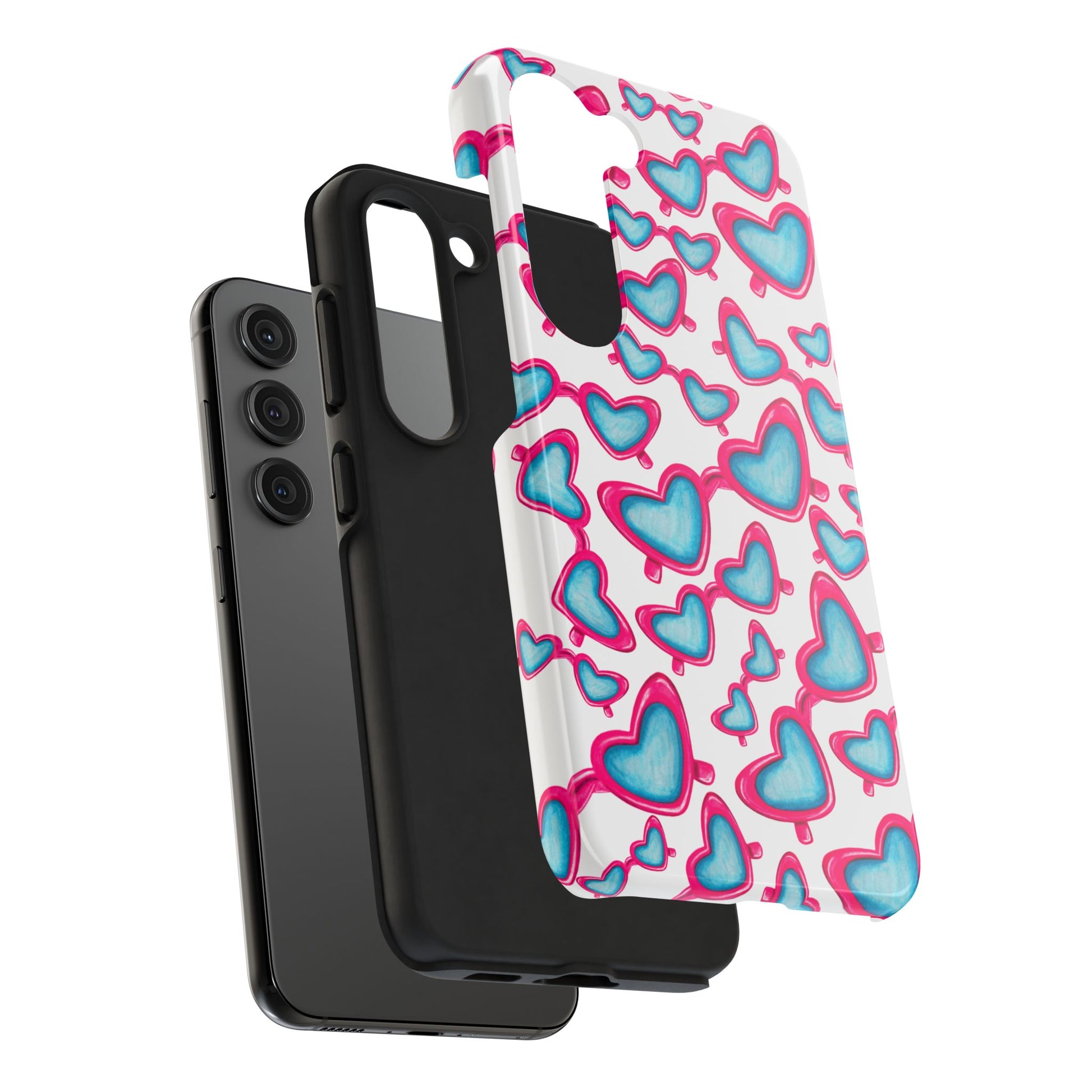 Pink & Blue Heart Shaped Sunglasses Watercolor Illustrated Tossed Pattern Tough Case | Various Models