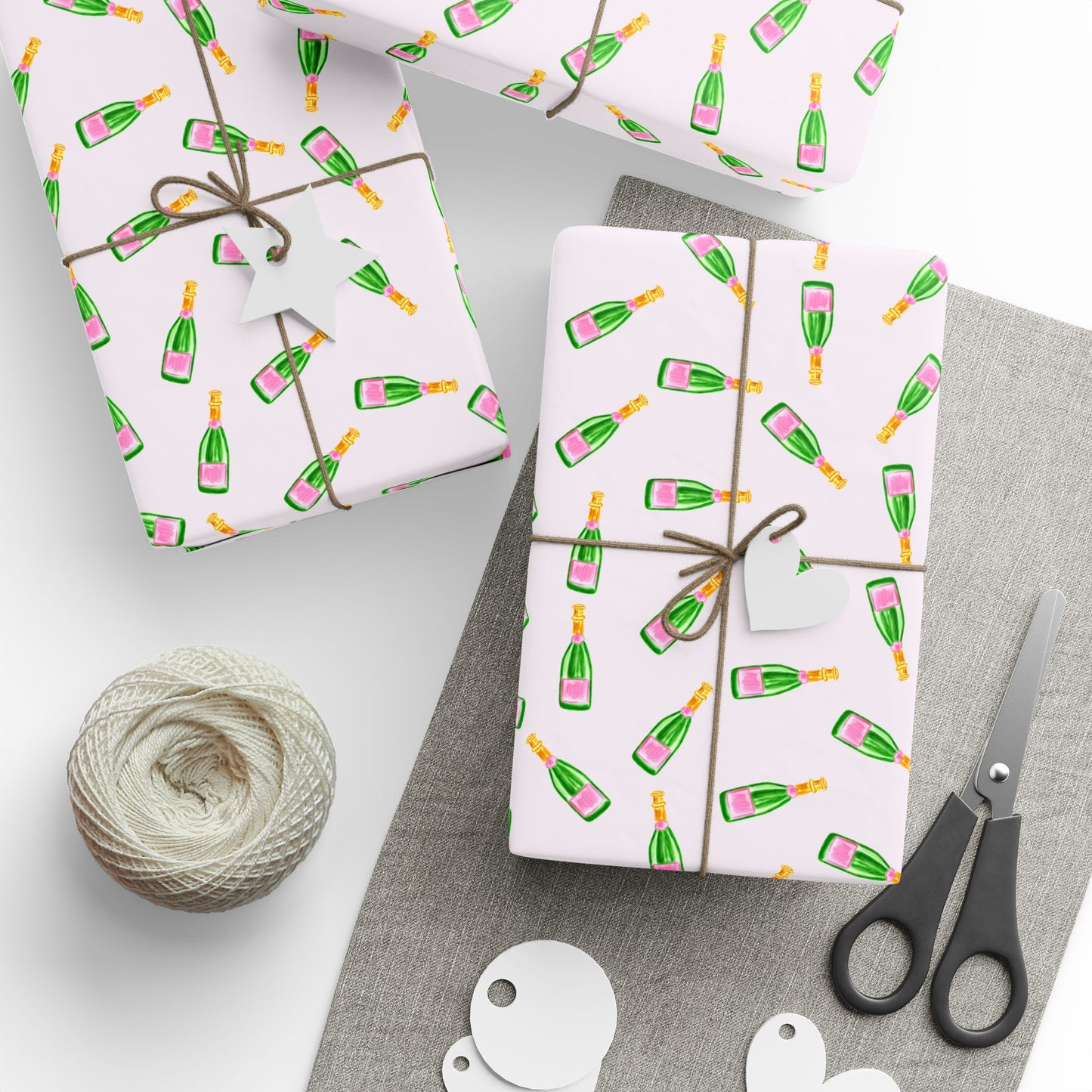 Gift Wrap | Blush Pink & Green Watercolor Champagne Bottles Tossed Pattern | Matte or Glossy | Birthday Bachelorette Preppy Gift Wrap 30" x 180" Glossy