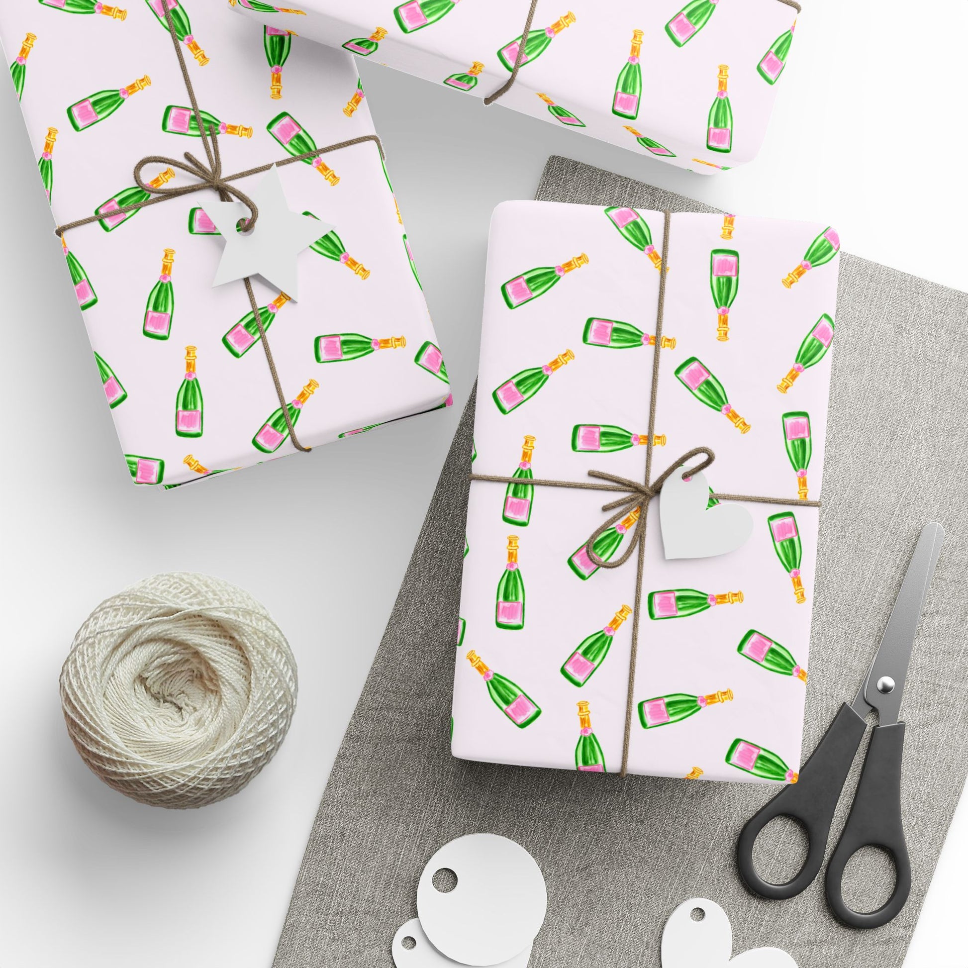 Gift Wrap | Blush Pink & Green Watercolor Champagne Bottles Tossed Pattern | Matte or Glossy | Birthday Bachelorette Preppy Gift Wrap 30" x 180" Glossy