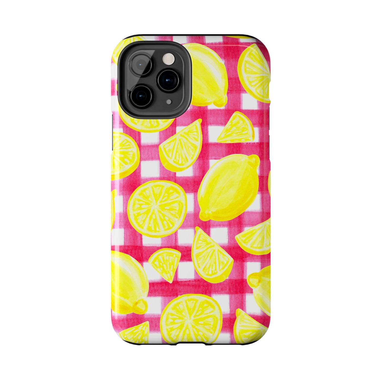 Yellow Lemons & Hot Pink Gingham Watercolor Illustrated Tough Phone Case | Various Models Available
