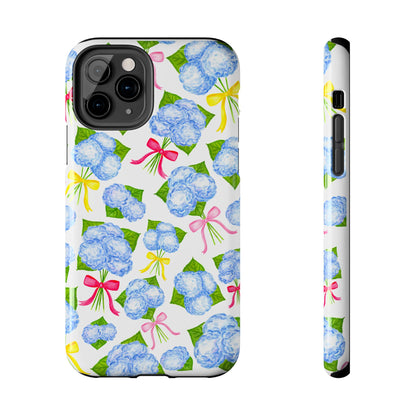Blue Watercolor Hydrangea Bunches with Hot Pink, Yellow, Light Pink Bows Illustrated Patterned Tough Phone Case | Various Models