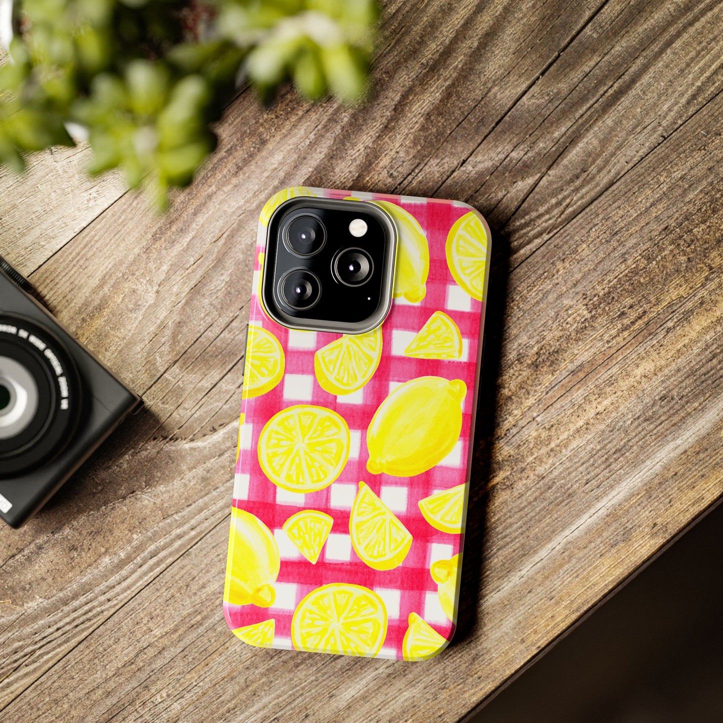 Yellow Lemons & Hot Pink Gingham Watercolor Illustrated Tough Phone Case | Various Models Available