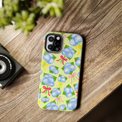 Blue Watercolor Hydrangea Bunches with Hot Pink, Yellow, Light Pink Bows Illustrated Patterned Yellow Tough Phone Case | Various Models