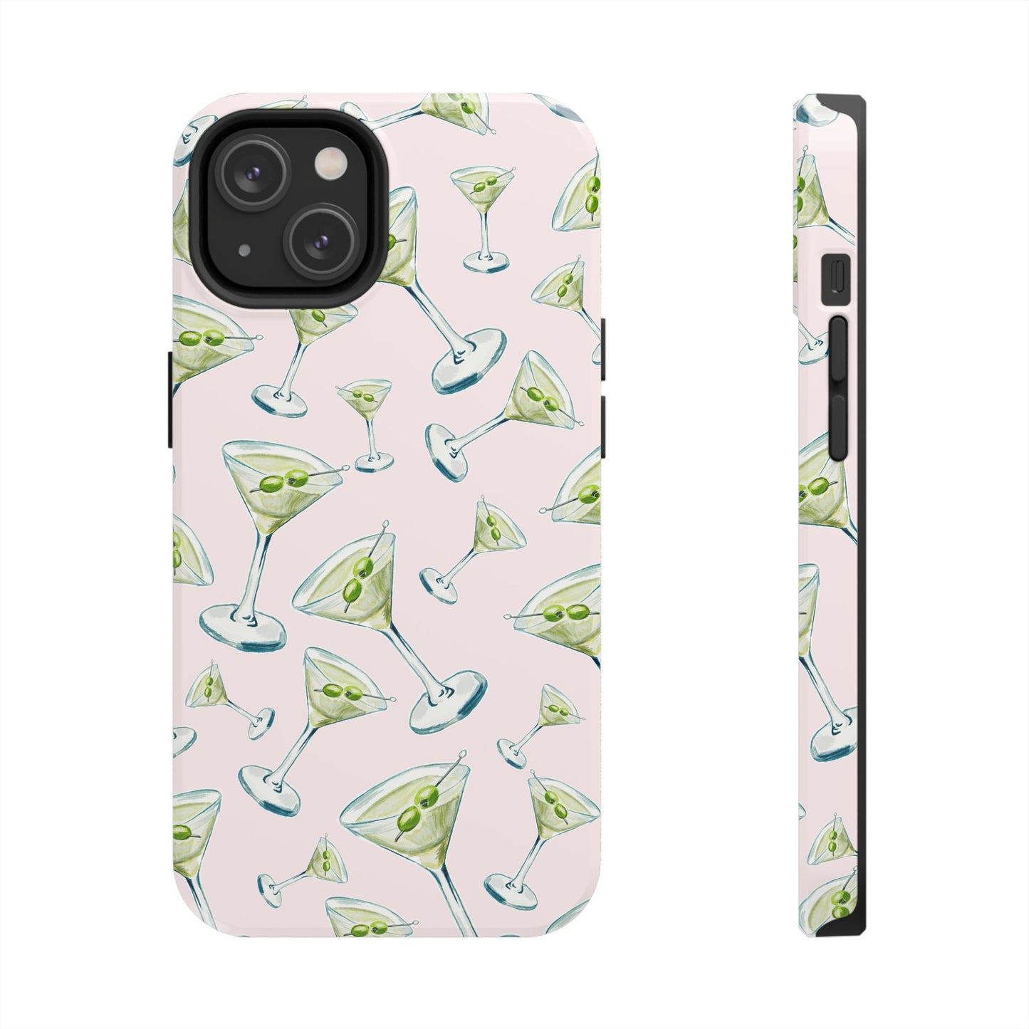 Watercolor Blue and Green Martinis Tossed Illustrated Pattern Blush Pink Tough Phone Case | Various Models
