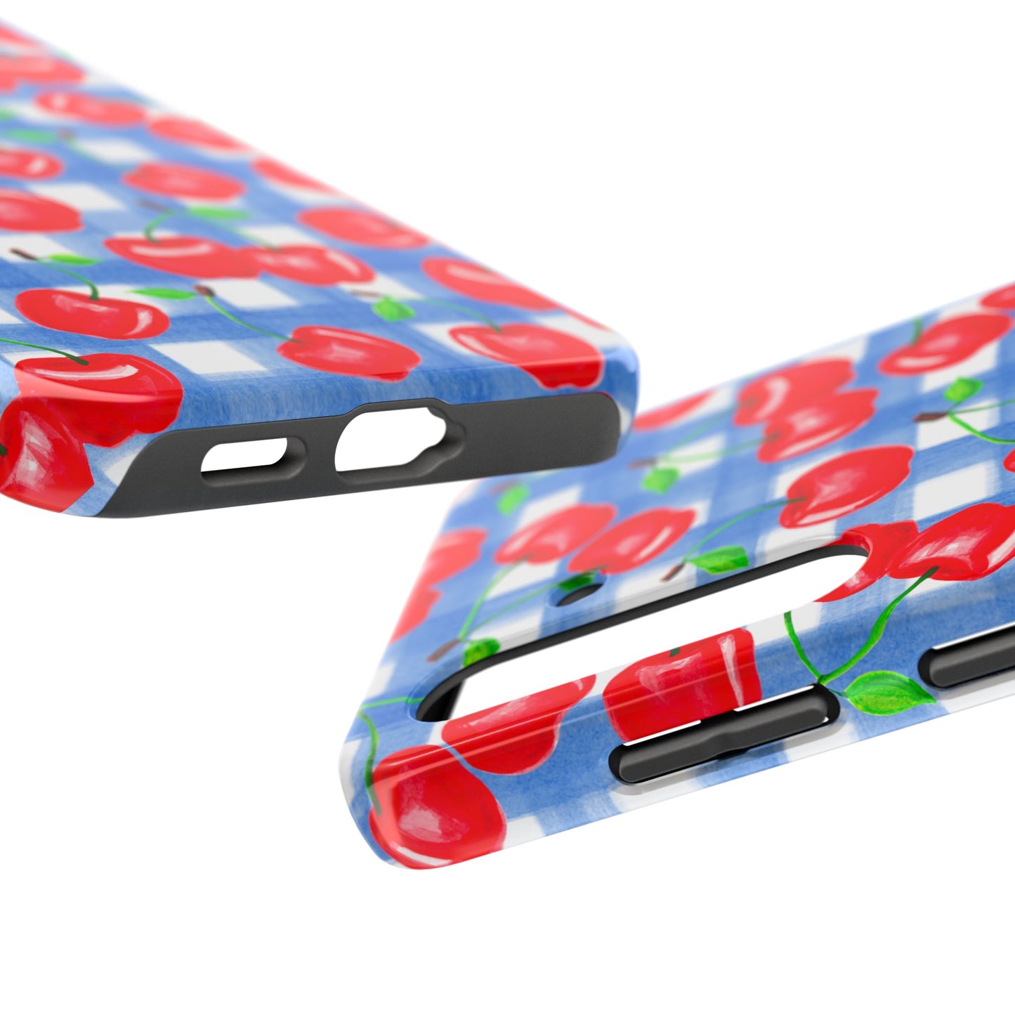 Tossed Red Cherries Blue Gingham Checkered Watercolor Illustrated Tough Phone Case | Various Models