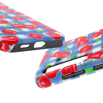 Tossed Red Cherries Blue Gingham Checkered Watercolor Illustrated Tough Phone Case | Various Models