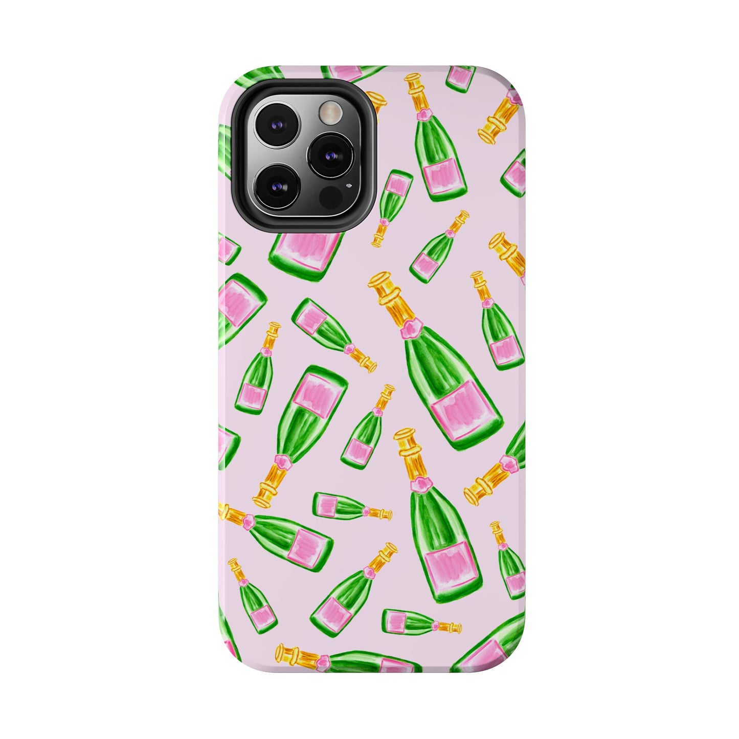 Tossed Pink and Green Watercolor Illustrated Champagne Bottles Pattern Blush Pink Tough Phone Case | Various Models