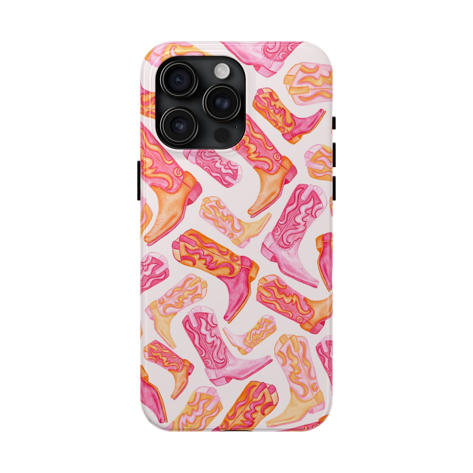 Tossed Hot Pink & Orange Watercolor Cowboy Boots Tough Light Pink Phone Case | Various Models Available iPhone 15 Pro Max