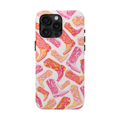 Tossed Hot Pink & Orange Watercolor Cowboy Boots Tough Light Pink Phone Case | Various Models Available iPhone 15 Pro Max