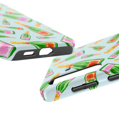 Tossed Pink and Green & Orange and Green Watercolor Illustrated Champagne Bottles Pattern Light Blue Tough Phone Case | Various Models