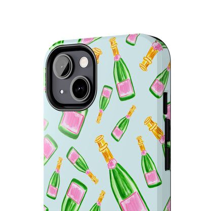 Tossed Pink and Green Watercolor Illustrated Champagne Bottles Pattern Light Blue Tough Phone Case | Various Models