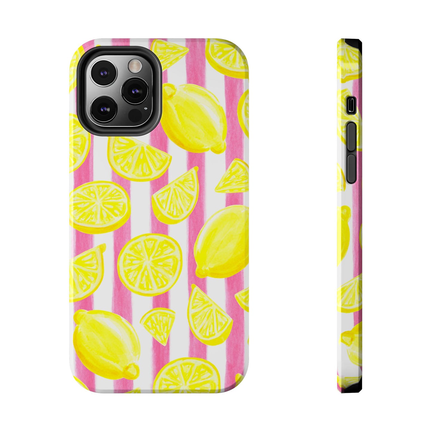 Pink Lemonade Yellow Lemons with Pink & White Watercolor Stripes Tough Phone Case