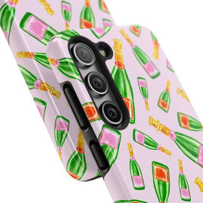 Tossed Pink and Green & Orange and Green Watercolor Illustrated Champagne Bottles Pattern Blush Pink Tough Phone Case | Various Models