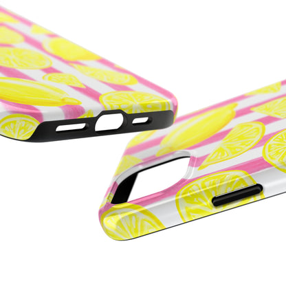 Pink Lemonade Yellow Lemons with Pink & White Watercolor Stripes Tough Phone Case