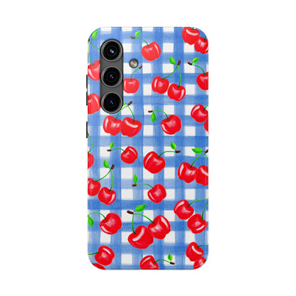 Tossed Red Watercolor Illustrated Cherries Light Blue Gingham Tough Phone Case | Various Models