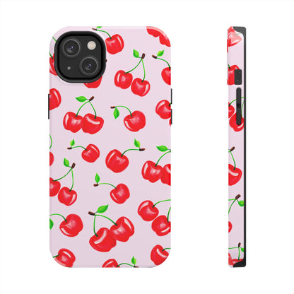 Tossed Red Watercolor Cherries Illustrated Pattern Light Pink Tough Phone Case | Various Models
