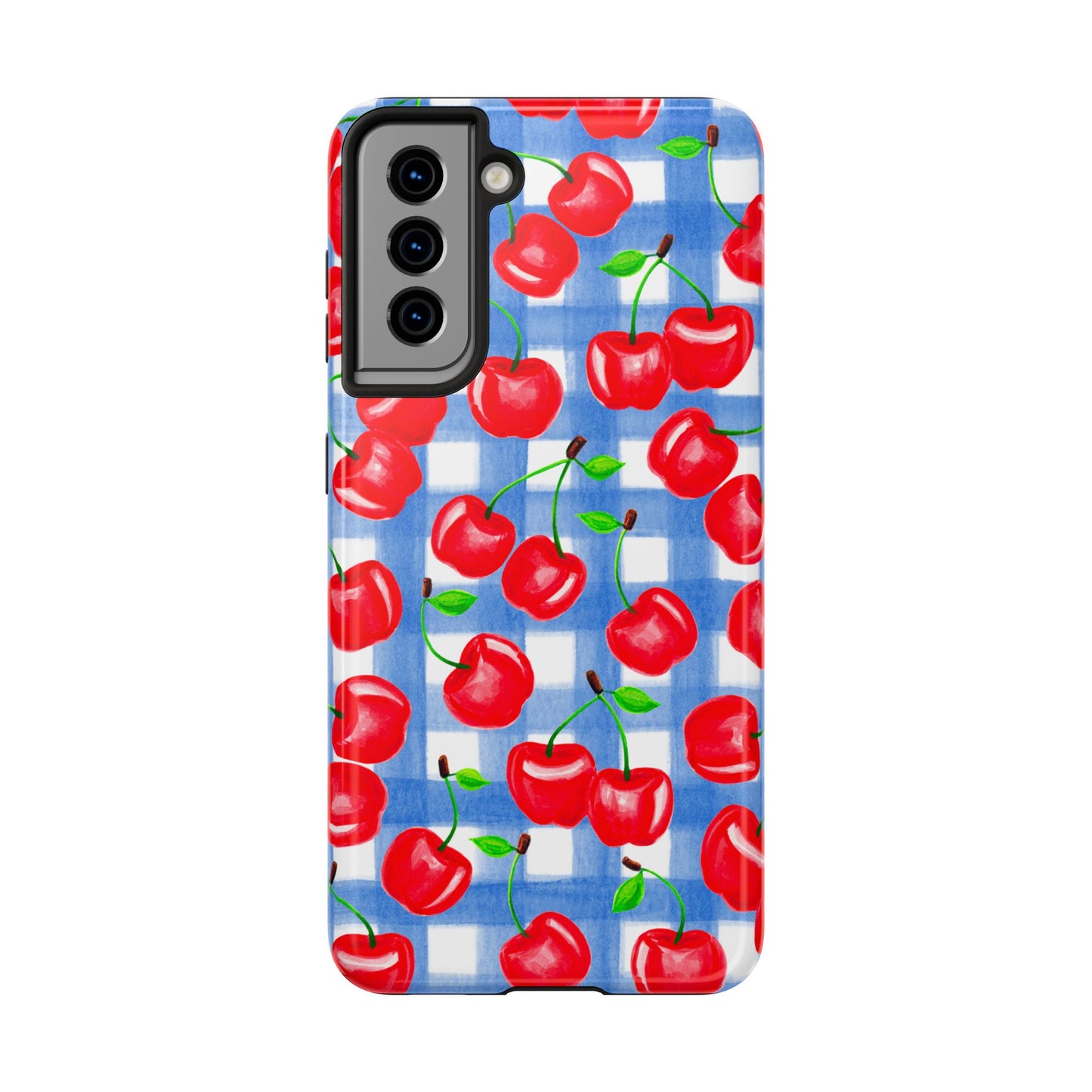 Tossed Red Cherries Blue Gingham Checkered Watercolor Illustrated Tough Phone Case | Various Models