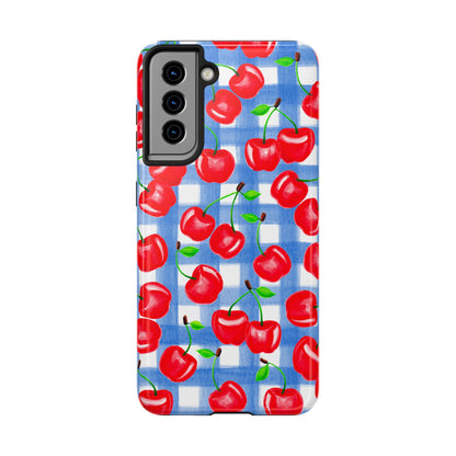 Tossed Red Cherries Blue Gingham Checkered Watercolor Illustrated Tough Phone Case | Various Models