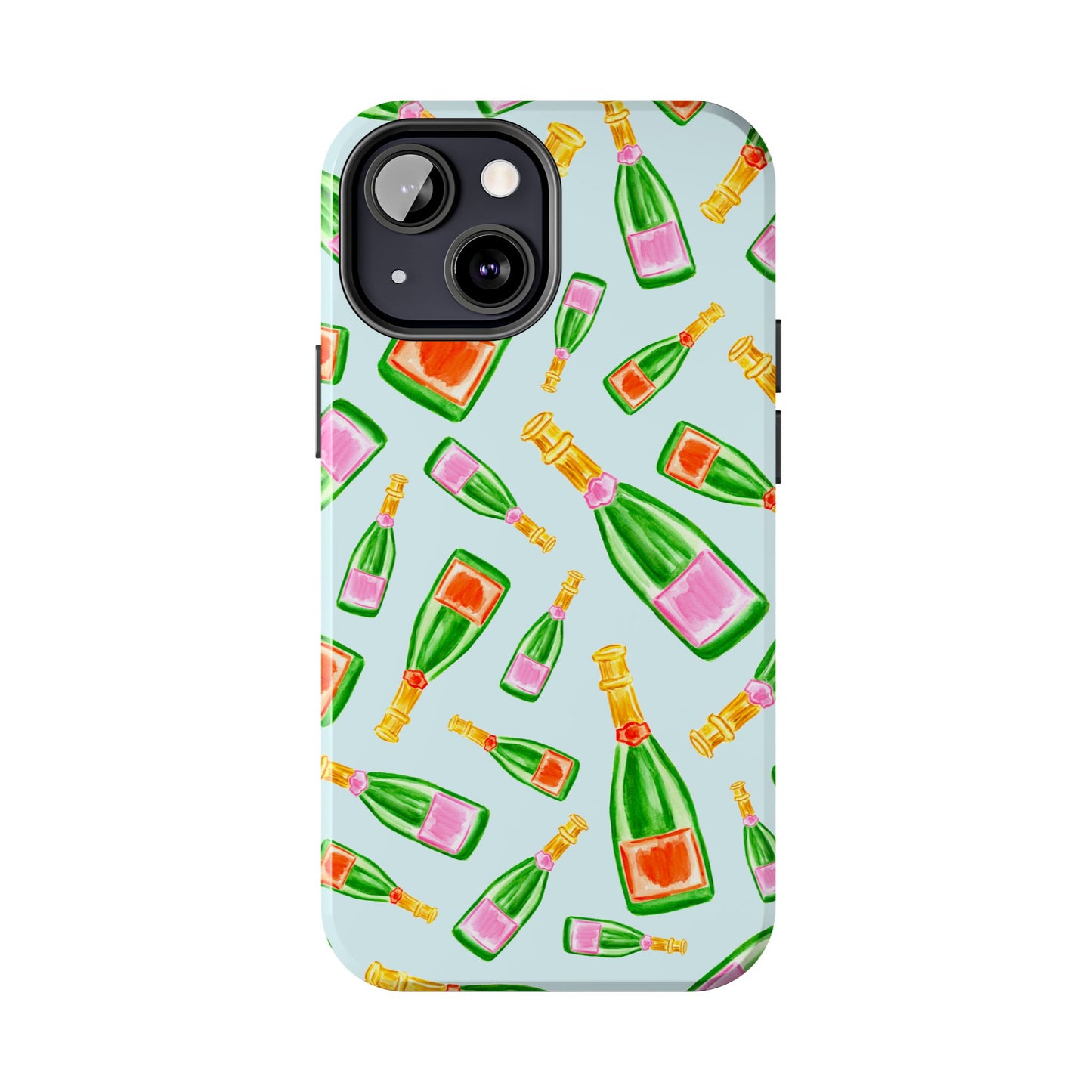 Tossed Pink and Green & Orange and Green Watercolor Illustrated Champagne Bottles Pattern Light Blue Tough Phone Case | Various Models