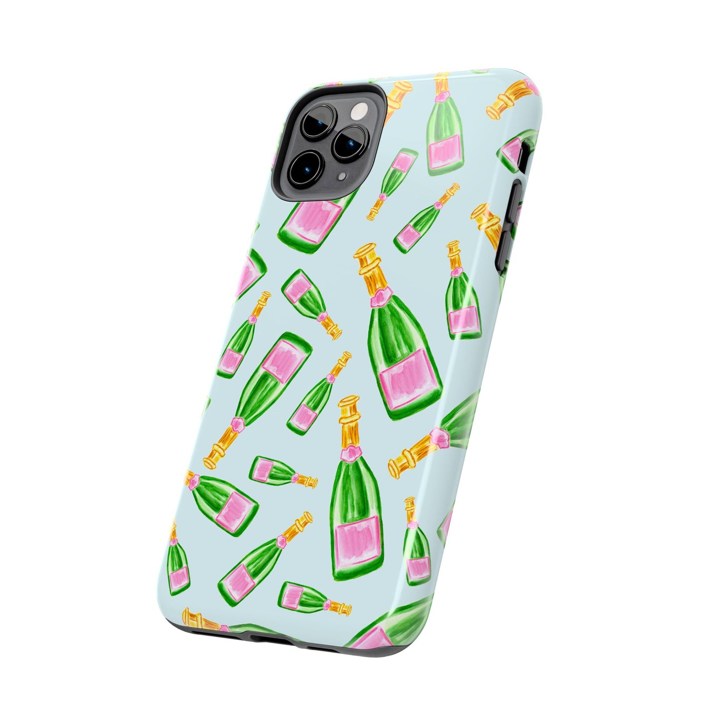 Tossed Pink and Green Watercolor Illustrated Champagne Bottles Pattern Light Blue Tough Phone Case | Various Models