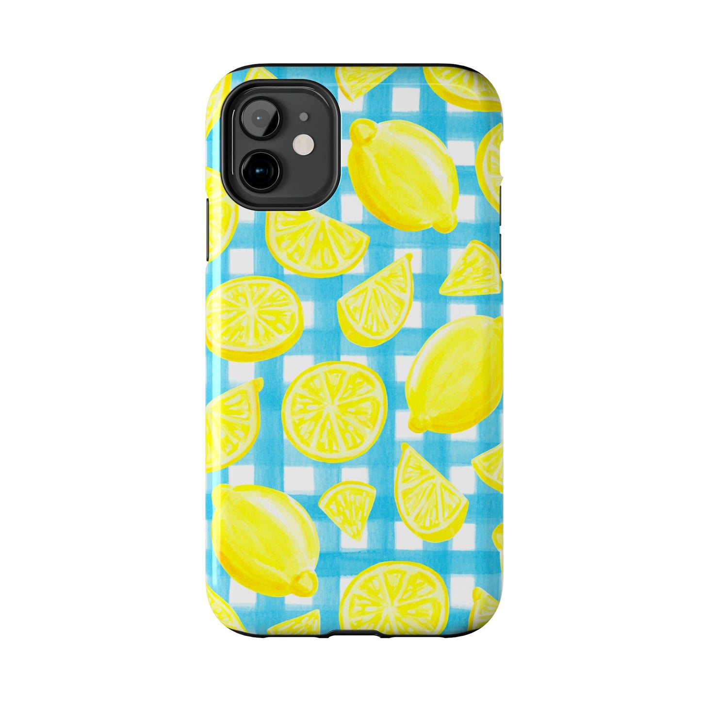 Bright Yellow Lemons Watercolor Illustrated Tossed Pattern Turquoise Gingham Tough Phone Case | Various Models