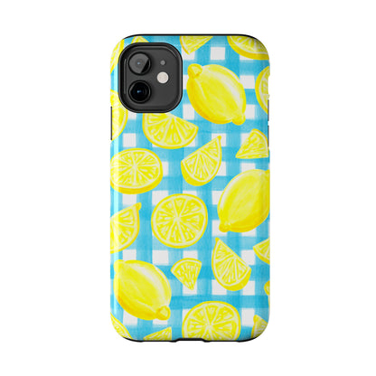Bright Yellow Lemons Watercolor Illustrated Tossed Pattern Turquoise Gingham Tough Phone Case | Various Models