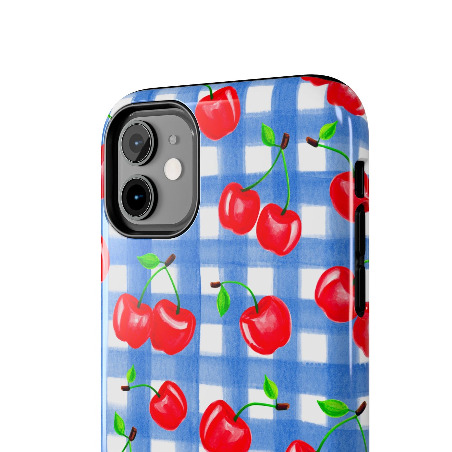 Tossed Red Watercolor Illustrated Cherries Light Blue Gingham Tough Phone Case | Various Models