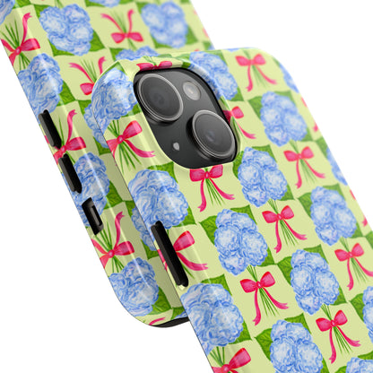 Blue Watercolor Hydrangea Bouquets with Hot Pink Bows Illustrated Patterned Yellow Preppy Grand Millenial Tough Phone Case | Various Models