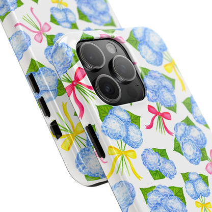 Blue Watercolor Hydrangea Bunches with Hot Pink, Yellow, Light Pink Bows Illustrated Patterned Tough Phone Case | Various Models
