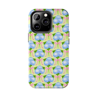 Blue Watercolor Hydrangea Bouquets with Light Pink Bows Watercolor Illustrated Patterned Yellow Tough Phone Case | Various Models