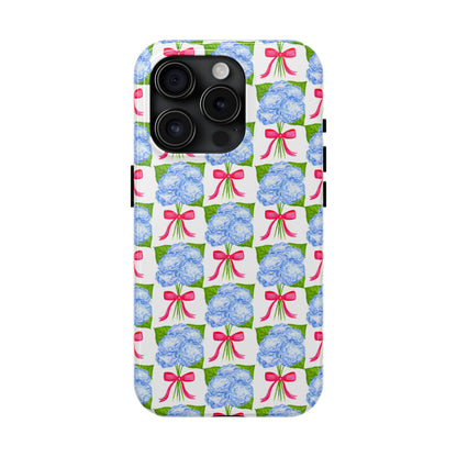 Blue Watercolor Hydrangea Bouquets with Hot Pink Bows Illustrated Patterned Tough Phone Case | Various Models