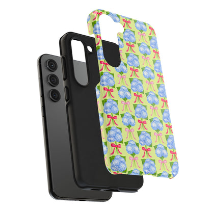 Watercolor Blue Hydrangea Bouquets with Hot Pink and Light Pink Bow Ribbons Illustrated Pattern Yellow Tough Phone Case | Various Models