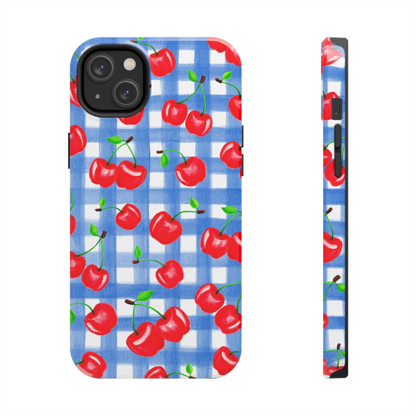 Tossed Red Watercolor Illustrated Cherries Light Blue Gingham Tough Phone Case | Various Models