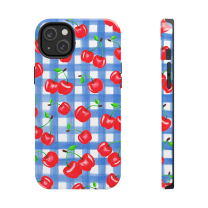 Tossed Red Watercolor Illustrated Cherries Light Blue Gingham Tough Phone Case | Various Models