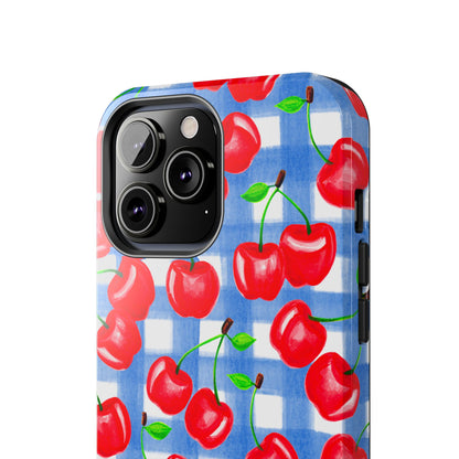 Tossed Red Cherries Blue Gingham Checkered Watercolor Illustrated Tough Phone Case | Various Models